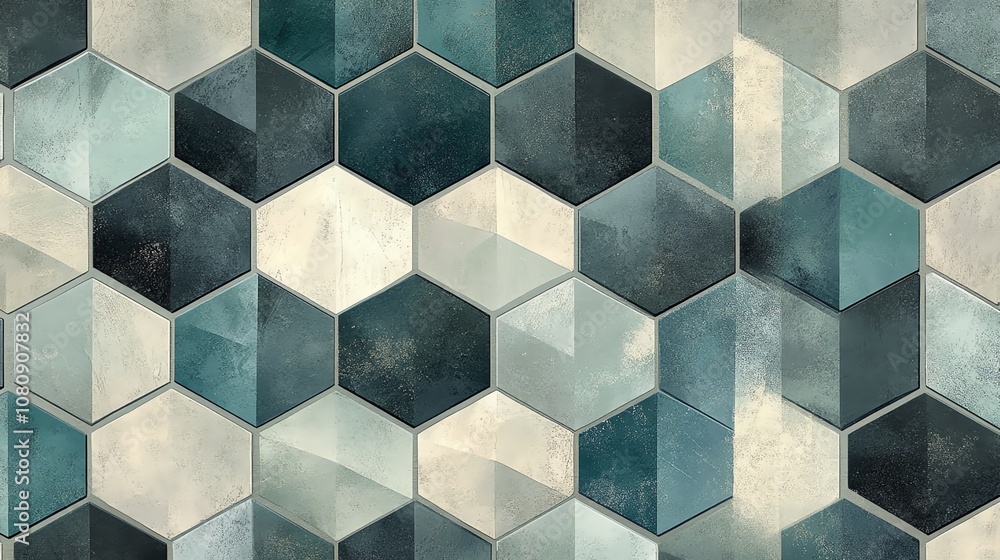 Aufkleber Abstract geometric pattern of hexagonal tiles in shades of blue and grey.