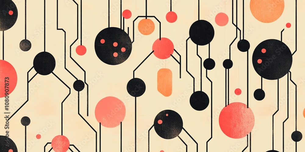 Poster abstract geometric pattern with black circles and red and orange dots connected by thin lines on a b