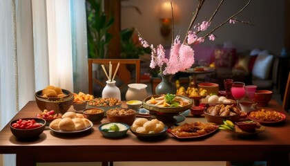 Fototapeta premium Delectable Spread of Traditional Spring Holiday Foods, Captured with No People for a Focus on Festive Cuisine and Table Arrangements in a Cozy Interior Setting