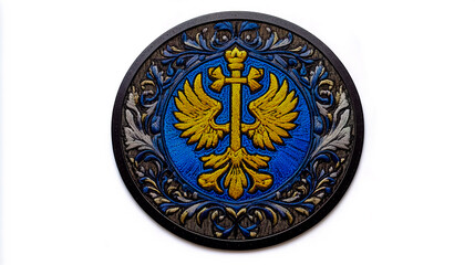 A circular patch design featuring the Ukrainian coat of arms, with intricate detailing suitable for embroidery.