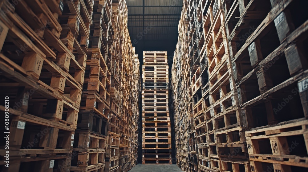 Poster warehouse storage with pallets stacked high in an organized layout