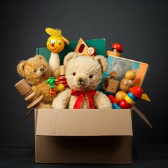  cardboard box filled with children's toys, including a plush teddy bear, dolls, colorful building blocks, and books, symbolizing joy and play. Dark, neutral background.