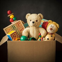  cardboard box filled with children's toys, including a plush teddy bear, dolls, colorful building blocks, and books, symbolizing joy and play. Dark, neutral background.