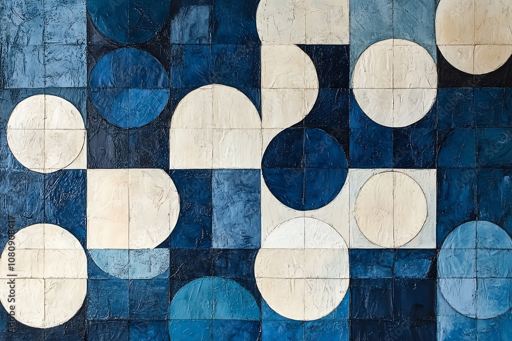 Poster Abstract geometric pattern with blue and white circles and squares.
