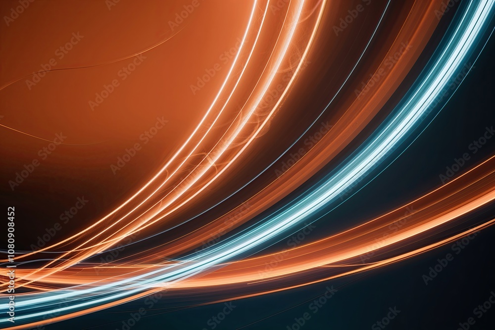 Poster captivating abstract imagery with luminescent light trails and sweeping lines in tangerine and dark 