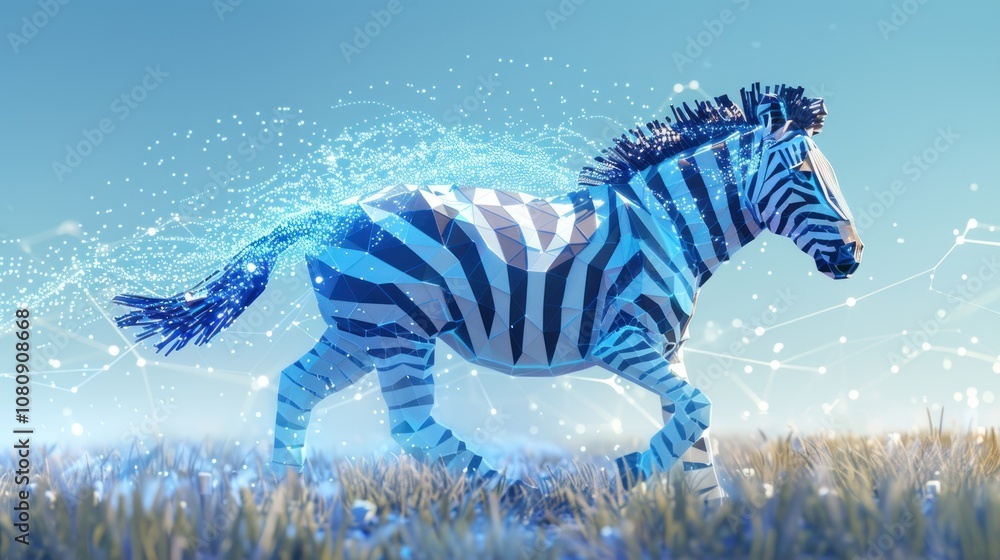 Poster a stylized, low-poly zebra running across a grassy field with blue, glowing lines connecting it to a