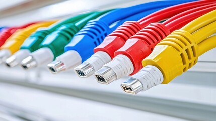 Colorful network cables in a close-up view showing various colors and connectors, representing the importance of connectivity in modern technology and communication systems