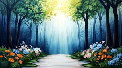 Fototapeta premium Magical Forest Path Sunlit Watercolor Painting of Nature