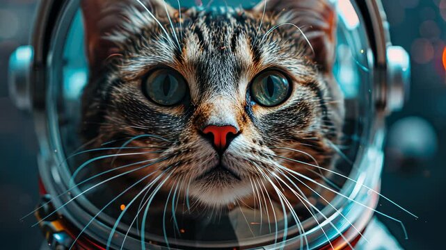 A cat in a space helmet, surrounded by colorful bokeh lights.