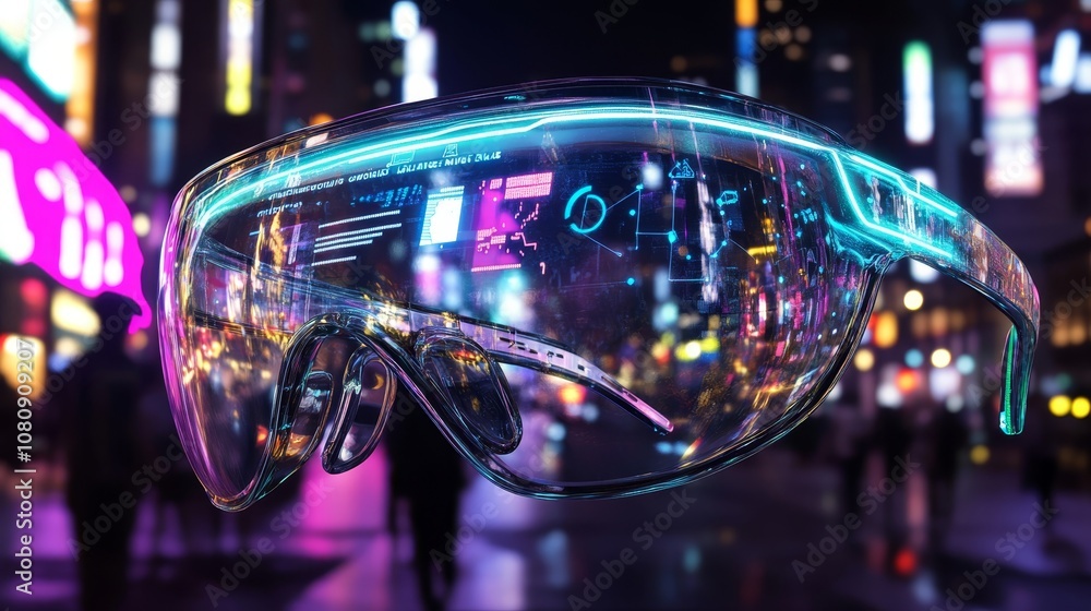 Poster futuristic augmented reality glasses displaying holographic data and information against the backdro