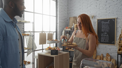 Woman serving pastries to man in bakery with shelves window and gluten free sign visible in the indoor shop