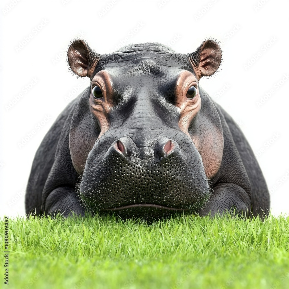 Aufkleber close-up portrait of a realistic hippo head on grass with a soft focus background, highlighting its 