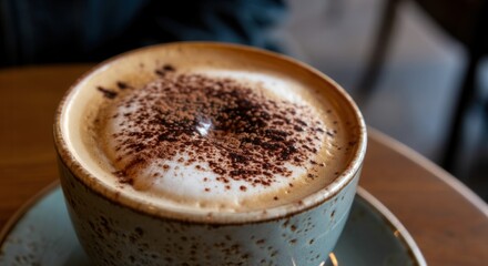 Warm cappuccino with frothy foam in ceramic cup at cozy cafe