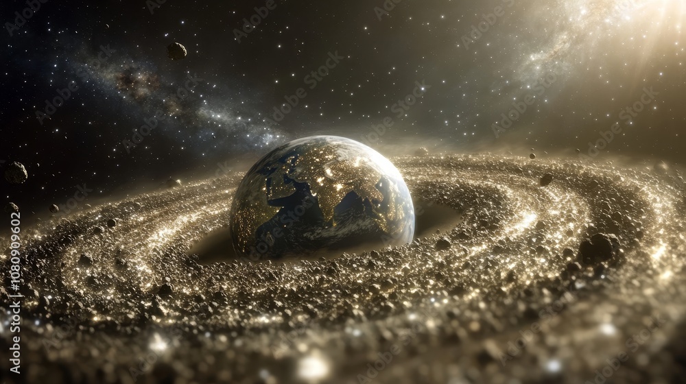 Aufkleber planet earth is illuminated by a bright star while surrounded by an asteroid field in perpetual moti