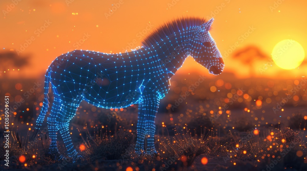 Poster a digital zebra stands in a field of grass at sunset. the zebra is made up of lines and dots. the su