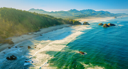 Aerial view of a beautiful and rugged coastline with a vibrant blue ocean, lush green forest, and...