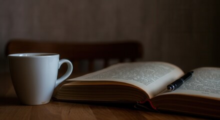 Cozy reading time with coffee book on wooden table