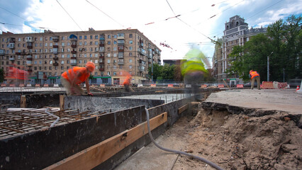 Road construction site with tram tracks repair and maintenance timelapse hyperlapse.