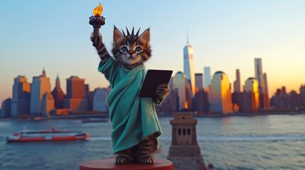 Kitten dressed as the statue of liberty holding a tablet with new york city skyline in soft focus in the background at sunset, funny conceptual image
