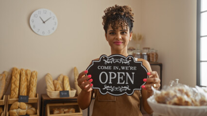 Woman holding open sign in bakery with bread in background during daytime indicating shop is open for business