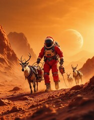 Santa Claus rides a reindeer sleigh in moon or mars