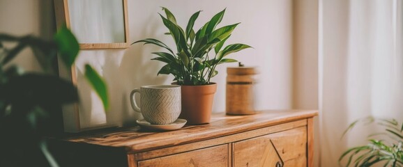 A Ceramic Mug, a Houseplant, and a Wooden Cabinet