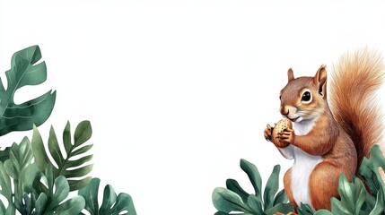 Adorable Squirrel Eating Nut Tropical Leaves White Background Wildlife Illustration Nature Cute