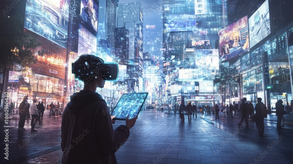 Poster software engineer is using vr headset and tablet working on metaverse in a smart city with digital a