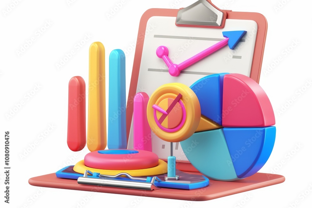 Poster 3d icon representing growth target featuring colorful charts, graphs, and an arrow in the center on 
