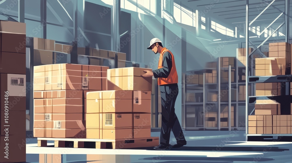 Poster warehouse worker stacking boxes on pallets