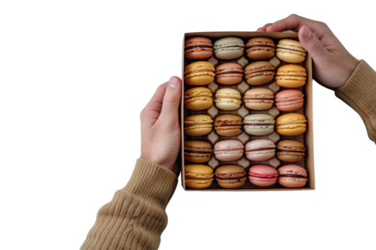 Top View of Hands Displaying Macarons in a Packaging for Advertisement and Commercial Isolated on Transparent or White Background