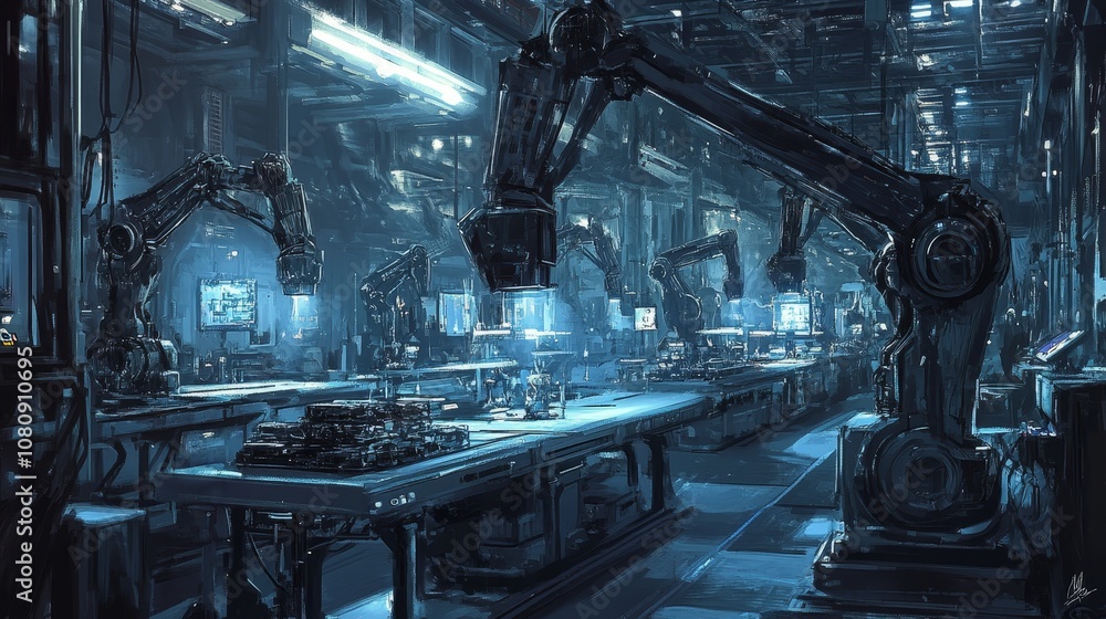 Poster in a futuristic factory setting, robotic arms are diligently working on assembling components, showc
