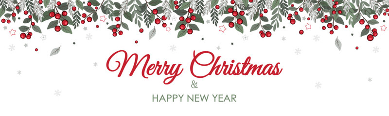 Vector illustration. Christmas banner design with mistletoe leaves, stars, snowflakes on white background. Banner, frame, New Year's card, Christmas holiday background, advertising, Merry Christmas