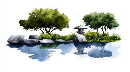 Naklejka premium Serene Japanese Garden Watercolor Painting of Pond Stone Lantern Trees Rocks