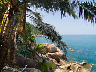 Fototapeta premium Scenic Rocky Coastline with Palm Trees at Koh Tao, Thailand