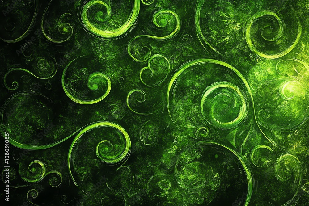 Poster abstract green swirling pattern with a dark green background.