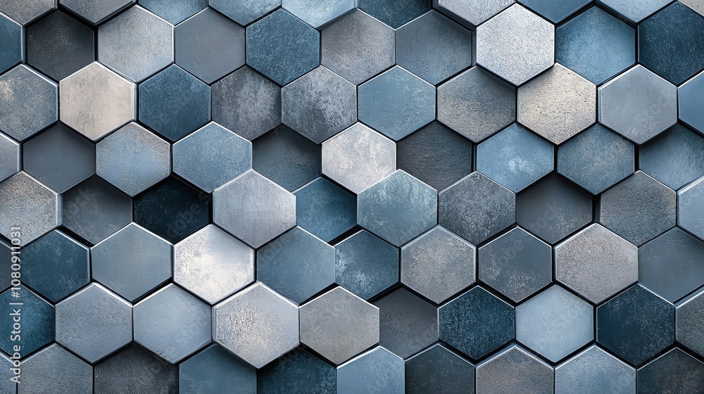Poster Abstract hexagonal pattern of blue and gray metallic tiles.