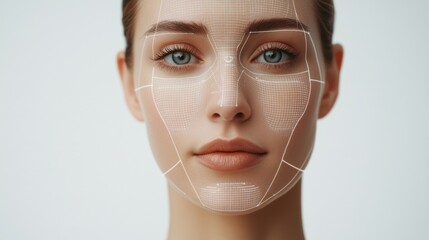 Face beauty skin technology, A close-up of a woman’s face displaying a digital facial mapping overlay, highlighting features and contours in a modern, technological style.