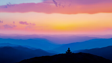 A peaceful scene of a person sitting cross-legged, meditating on a mountaintop at sunrise.
