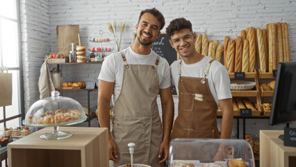 Two smiling hispanic male bakers in a bakery shop, dressed in aprons, standing together indoors with shelves of bread and pastries in the background.