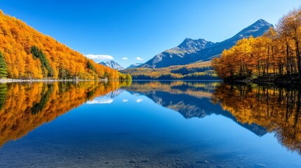Obraz premium Autumnal Lake Serenity Mountain Reflection Fall Foliage Clear Water
