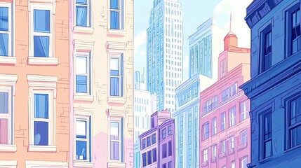 Vibrant Cityscape Illustration Depicting Colorful Buildings and Skyscrapers Under a Bright Sky with Soft Pastel Hues for Creative Projects