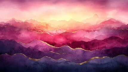 A vibrant watercolor landscape featuring layered mountains in shades of pink, purple, and gold.