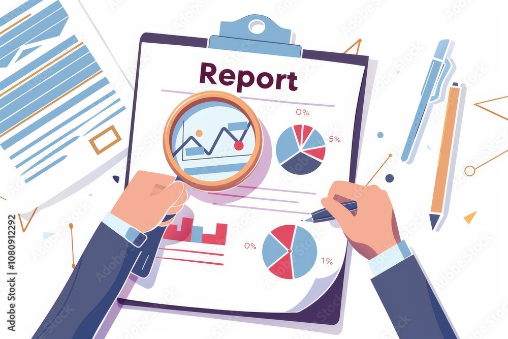 Poster businessman analyzing financial data with magnifying glass and pen on report paper, focusing on char