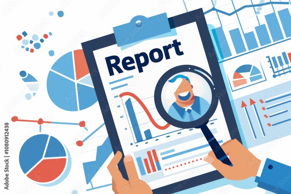 Poster businessman analyzing financial report with magnifying glass in professional environment with graphs