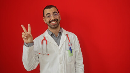 Young hispanic man wearing a doctor's coat and glasses making a peace sign against an isolated red background