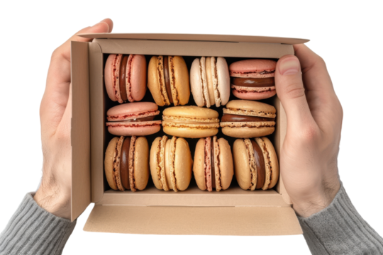 Hands Showcasing Macarons Box for Marketing - Perfect for Commercials Isolated on Transparent or White Background
