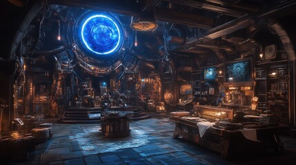 An Elaborate Steampunk Inspired Time Machine Surrounded by Intricate Mechanisms and Mystical Elements in a Dimly Lit Workshop Setting