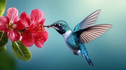 Fototapeta premium Hummingbird Feeding on Red Flower Nature Beauty Wildlife Photography