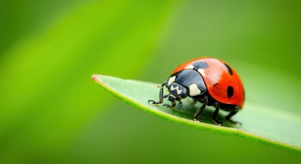 Obraz premium Ladybug perched on vibrant green leaf in nature